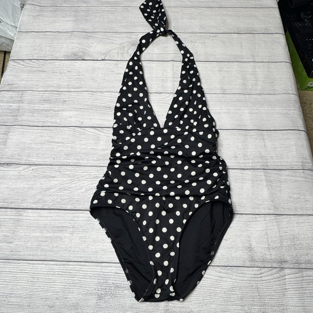 Lands End Black White Polka Dot Tummy Control Halter One Piece Swimsuit Size 6‎